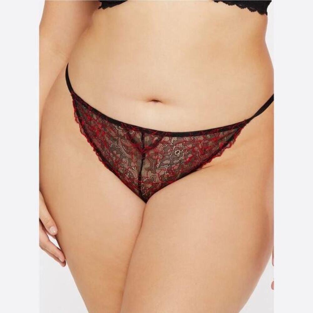 Savage X Fenty Women's Embroidered Lace G-String Black Caviar Goji Berry Red‎ 1X